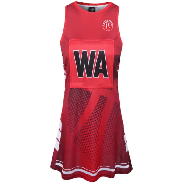 A red netball dress featuring a sleeveless design, a central pocket, and a geometric pattern. It has a logo.