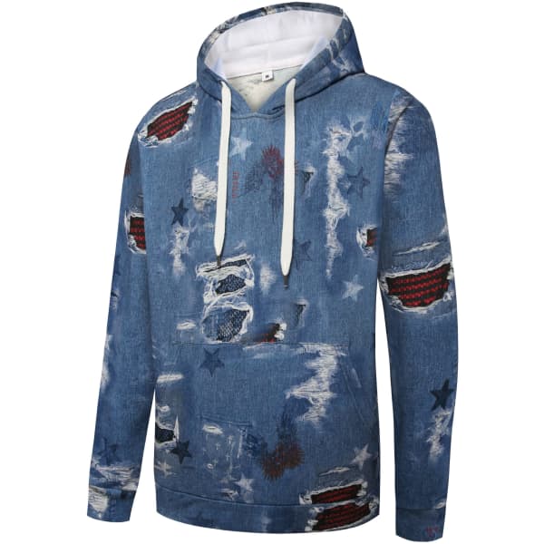 A denim fashion hoodie in various shades of blue, featuring distressed patches and star motifs; includes a logo.