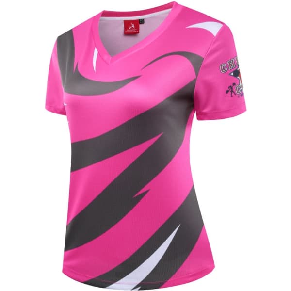 A pink and grey cheerleader uniform with a v-neck design and a logo on one sleeve.
