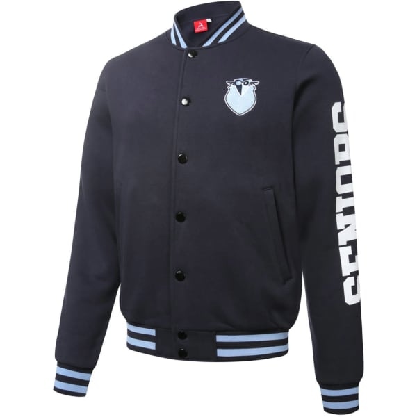 A navy baseball jacket featuring a logo and "SENIORS" text on the sleeve, with blue striped detailing.