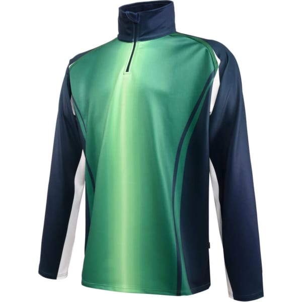 A green and navy sublimated pullover featuring a half zip and contrasting panel design. It has a logo on it.