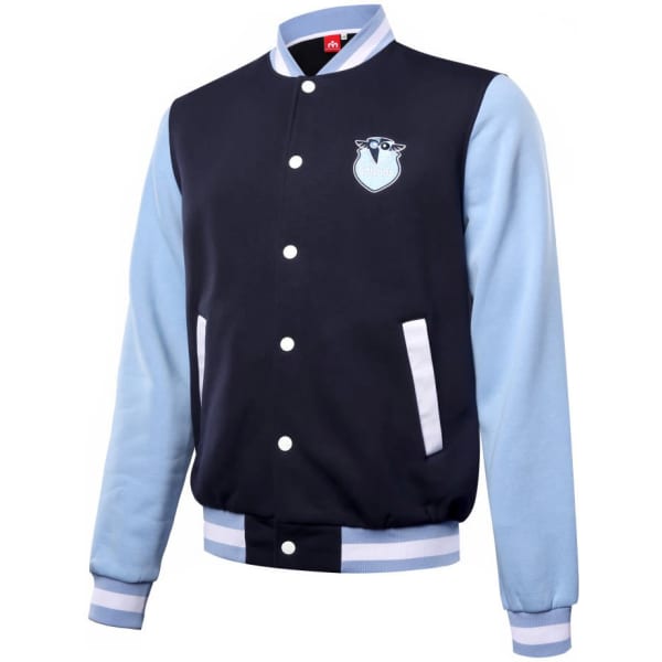 A collegiate jacket featuring a navy body, light blue sleeves, and a front logo. It has ribbed cuffs and hem.