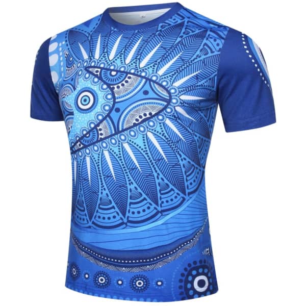 A blue Aboriginal cotton T-shirt featuring intricate patterns and designs, with a logo. Perfect for casual wear.