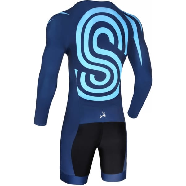 A fitted inline speed skating suit in navy and blue, featuring a logo on the back and long sleeves.