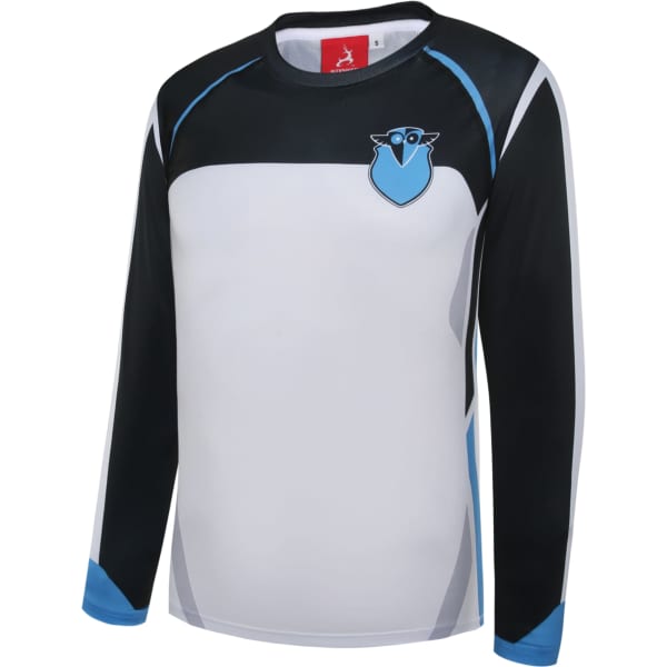 A long-sleeve swimwear top in black, white, and light blue, featuring a logo on the chest.