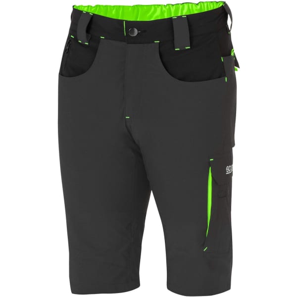 Light shorts in black with neon green accents and multiple pockets, featuring a stretchy waistband and logo.