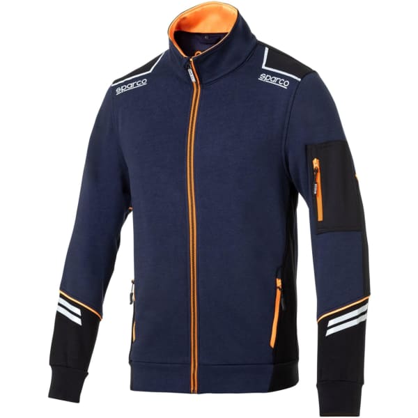 A full zip tech jacket in navy and black, featuring orange accents and a logo on the shoulder.