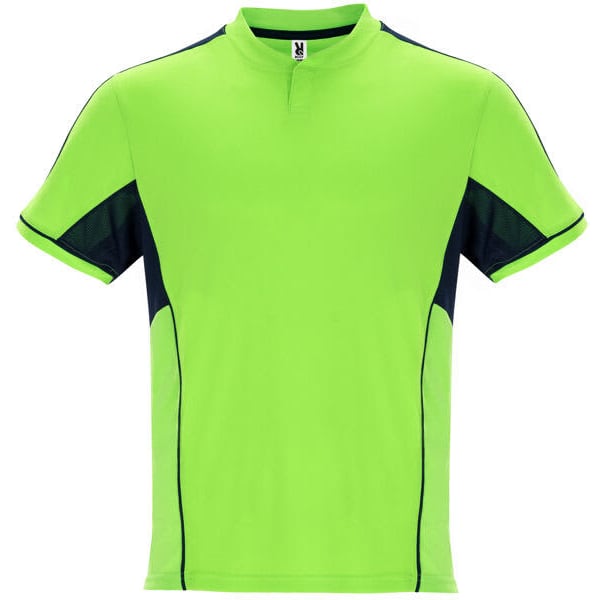 A green sports uniform top featuring navy blue accents and a short collar. It has a logo on the label.