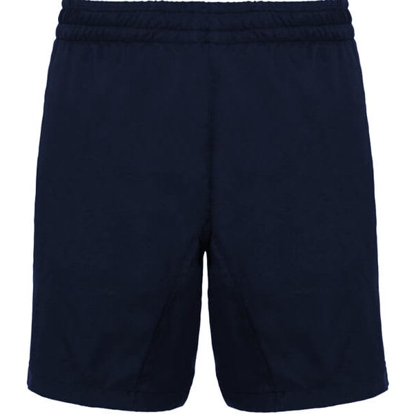 Navy blue sports shorts with an elastic waistband and a logo. Suitable for athletic activities.