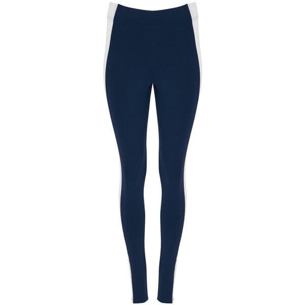 Navy leggings with white side panels, featuring a branded logo. Suitable for activewear or casual wear.