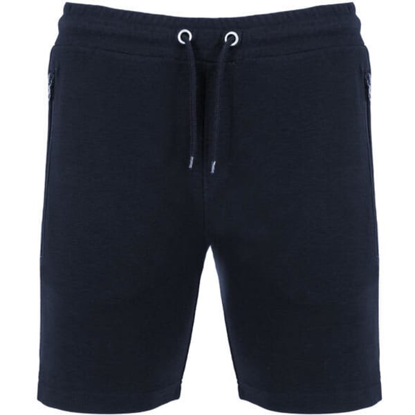 Dark navy shorts with a drawstring waistband and side pockets. Features a logo on the design.