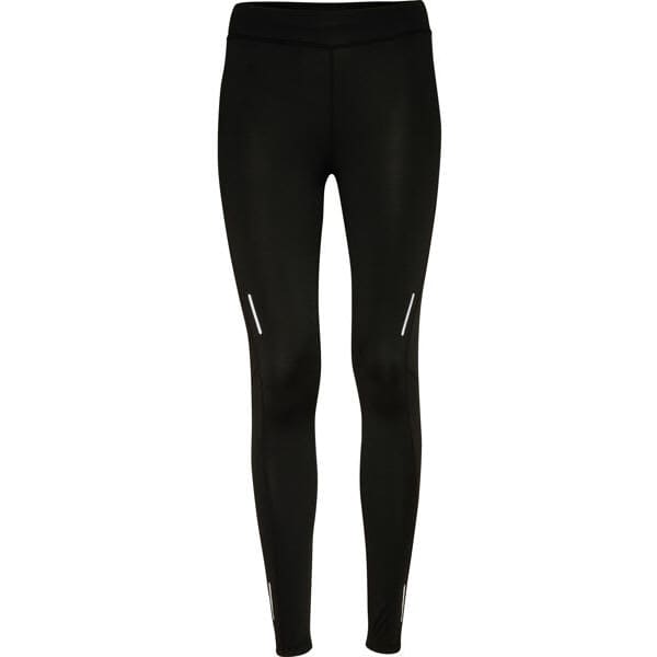 Black leggings featuring reflective detailing, designed for comfort and functionality. Includes a branding logo.