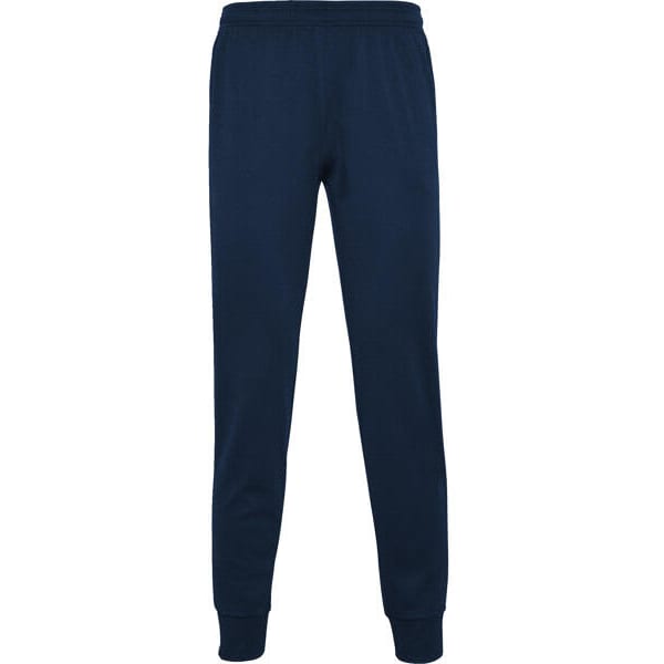 Navy track pants with an elastic waistband and cuffed ankles, featuring a logo. Suitable for casual and athletic wear.