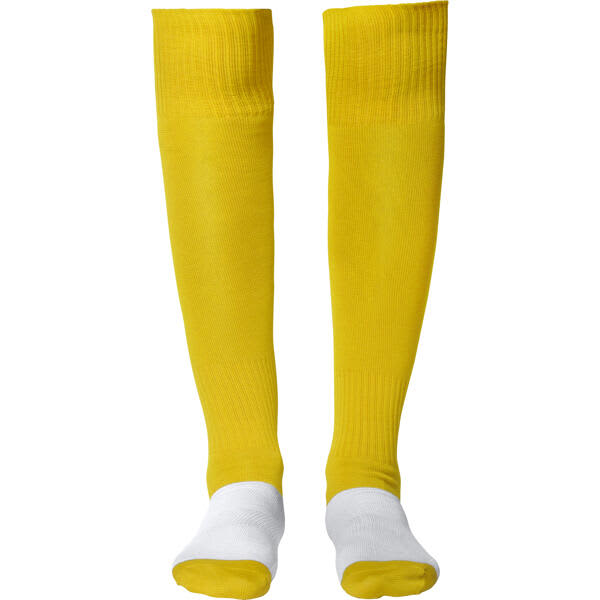 Yellow soccer sport socks with white foot sections, featuring a logo on the upper part.