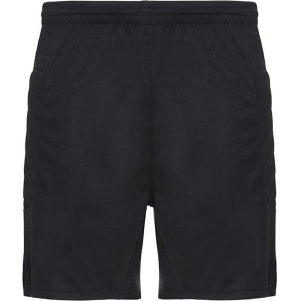 Black goalkeeper shorts with an elastic waistband and pockets, featuring a logo. Ideal for sports uniforms.