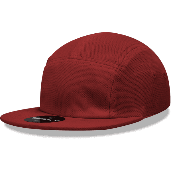 A red 5-panel low profile cap with a flat brim and a logo on the front.