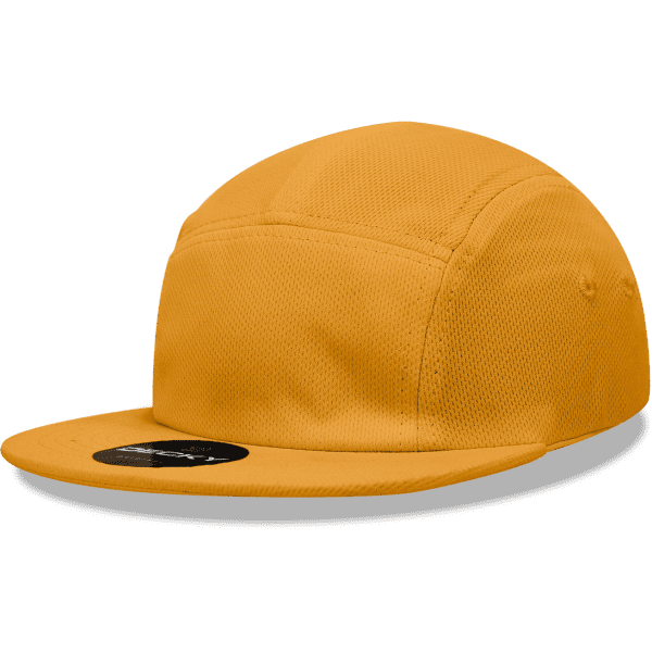 A yellow 5-panel low-profile cap with a flat brim and a logo on the front. Made from a blend of acrylic and polyester.