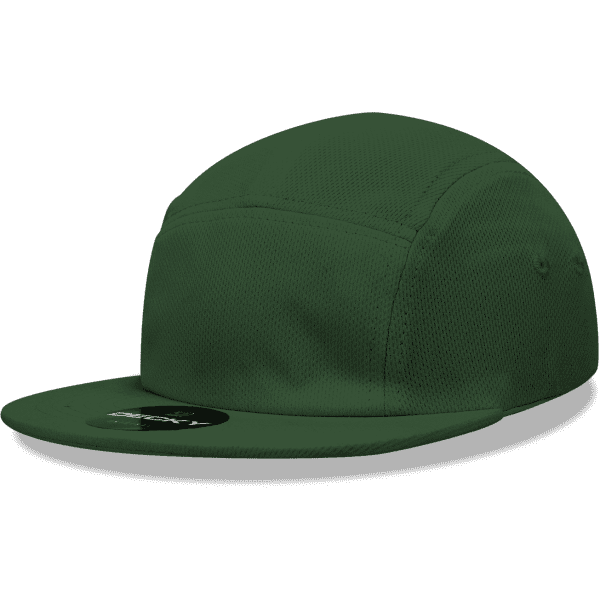 Green 5 Panel Low Pro Acry/Poly Racer Hat with a flat brim and a logo on the front.