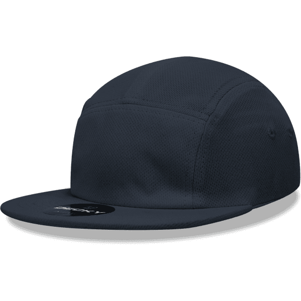 A dark navy 5-panel low-profile cap featuring a flat brim and a logo on the front. Breathable fabric texture is visible.