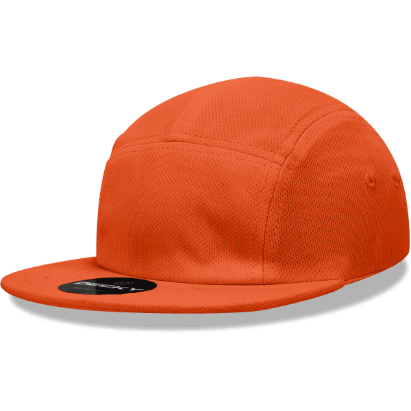 An orange 5 Panel Low Pro Acry/Poly Racer Hat with a flat brim and a logo on the front.