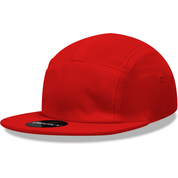 A red 5 panel low profile racer hat with a flat brim and a logo on the front.