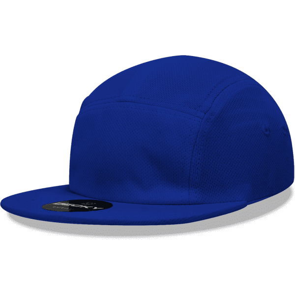 A blue 5-panel low profile cap featuring a solid design and a branded label.