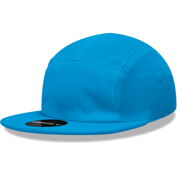A blue 5-panel low profile cap with a flat brim and a logo on the front.