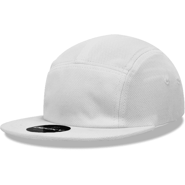 A white 5 Panel Low Pro Acry/Poly Racer Hat with a rounded crown and flat brim, featuring a logo.