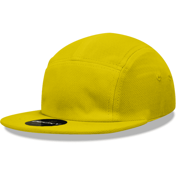A bright yellow 5 panel low profile cap with a flat brim and a logo on the front.
