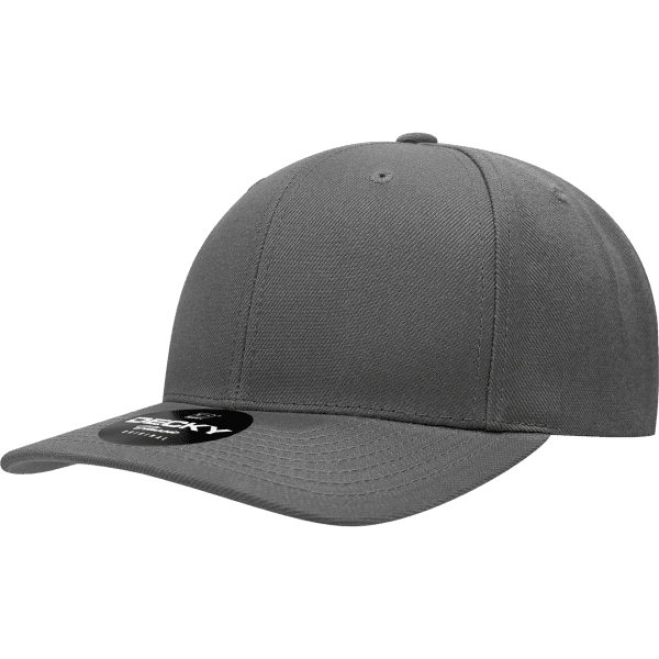 A grey 6-panel mid-pro acrylic/poly snapback cap with a round top and a branded tag.