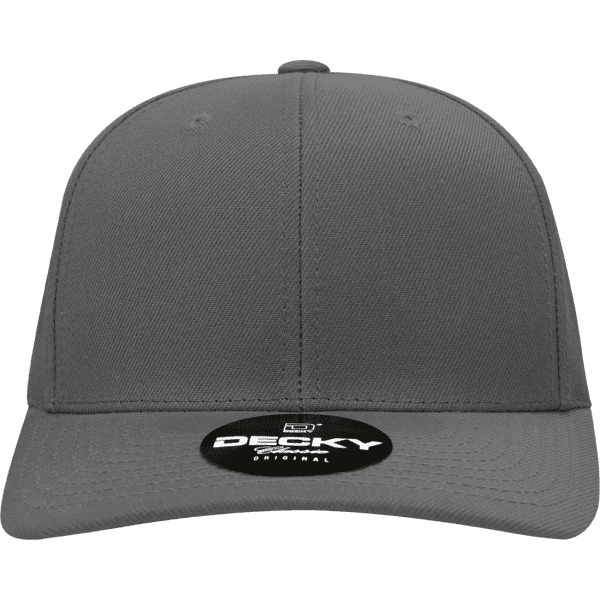 A grey six-panel mid-profile structured snapback hat with a logo on the front.