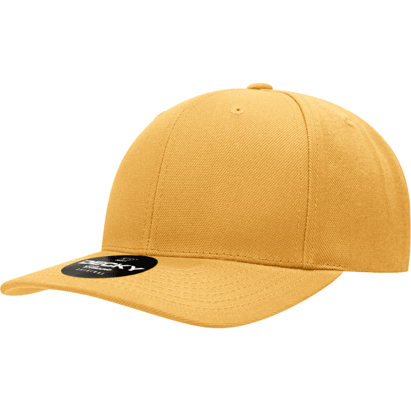 A yellow 6 panel mid-profile snapback cap with a rounded peak and a logo on the front.