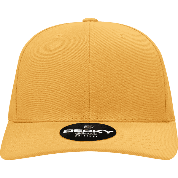 A yellow 6 panel mid profile structured snapback cap with a logo on the front.