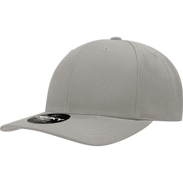 A grey 6 Panel Mid Pro Acry/Poly Snapback cap with a round logo on the front.