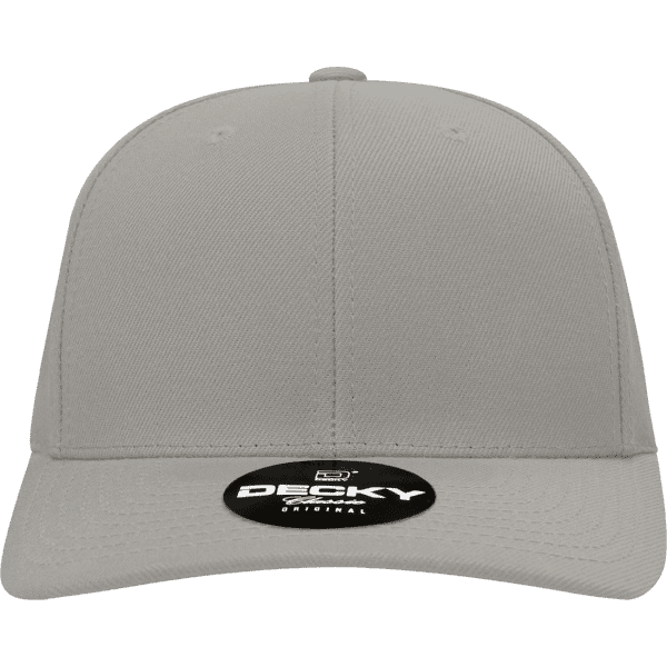 A grey 6 panel mid profile structured snapback cap featuring a round logo on the front.