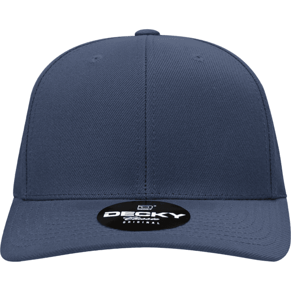 A structured, mid-profile snapback hat in navy blue with a logo on the front.