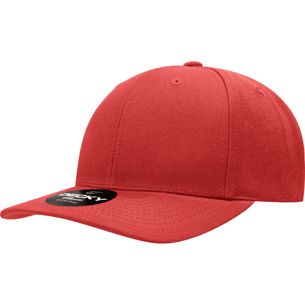 A red 6 panel mid pro acrylic/poly snapback cap with a logo on the side.