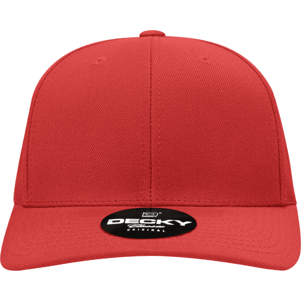 A red 6 panel mid profile structured snapback hat with a black logo on the front.