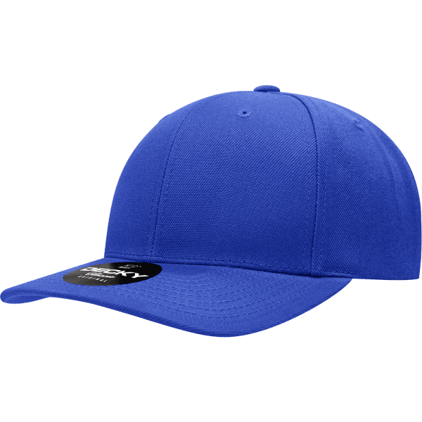 A blue 6-panel mid-profile snapback cap with a curved brim and a logo on the side.