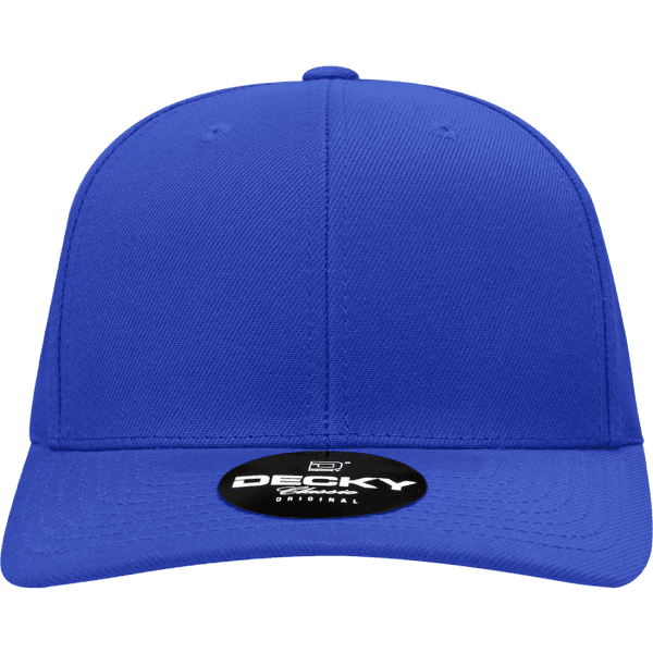 A blue 6 panel mid profile structured snapback cap with a logo on the front.
