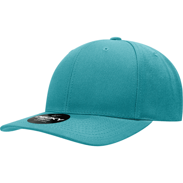 A teal 6 Panel Mid Pro Acry/Poly Snapback cap featuring a logo on the front.