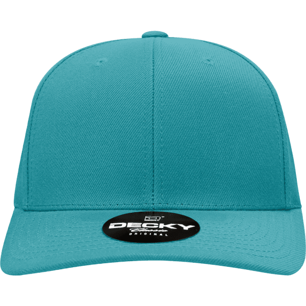 A turquoise 6-panel mid-profile structured snapback hat with a logo on the front.
