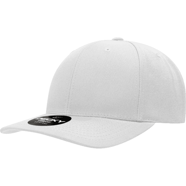 A white snapback cap with a curved brim and a logo on the front.