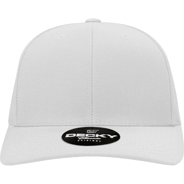A white 6 panel mid-profile structured snapback hat with a circular logo on the front.