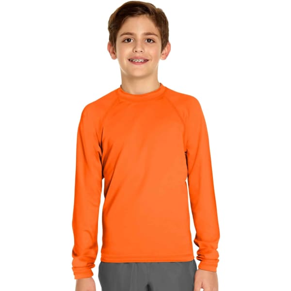 An orange long sleeve rashie designed for youth, featuring a simple, smooth design. It has a logo on the chest.