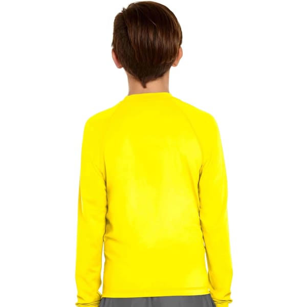 A yellow long sleeve rashie with a round neckline, designed for youth, featuring a logo on the back.
