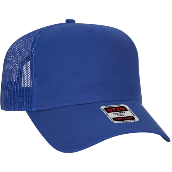 A blue 5 panel trucker hat featuring a mesh back and a logo on the front.