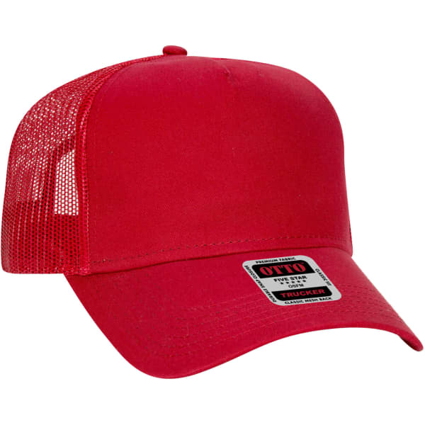 A red 5 panel trucker hat with a mesh back and a branded label on the front.