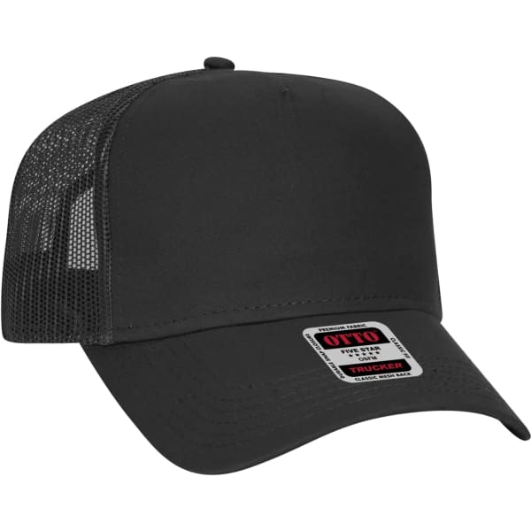 A black 5 panel trucker hat featuring a mesh back and a branded label.
