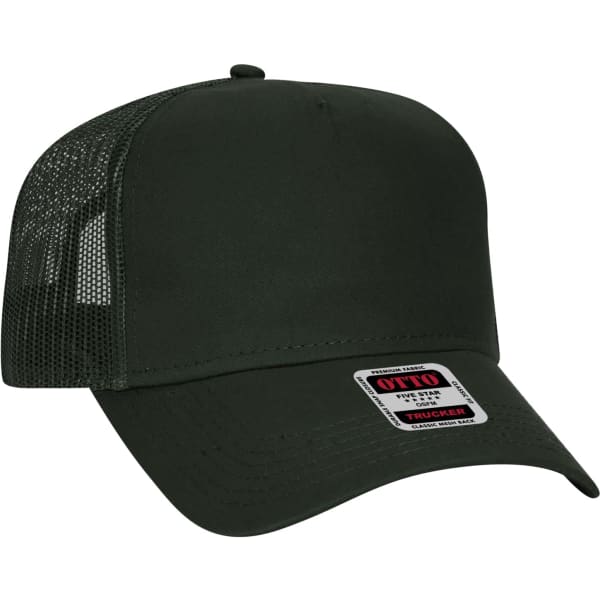 A dark green 5 panel trucker hat with a mesh back and a logo on the front.